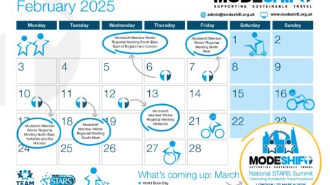 A digital events calendar for Team Modeshift in February 2025, featuring key dates for sustainable travel events. The calendar highlights LGBT+ History Month and includes various Modeshift Member Winter Regional Meetings across different regions in the UK. Notable events include "Time to Talk Day" on February 6, encouraging conversations while walking. The calendar also previews upcoming March events such as World Book Day (March 7), International Women’s Day (March 8), and Neurodiversity Celebration Week (March 17-23). The Modeshift National STARS Summit is scheduled for March 27, 2025, in London. The layout includes icons for walking, cycling, and sustainable travel, along with the Modeshift and Team Modeshift logos.