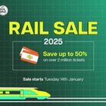 Illustration of train and train tickets. Yellow text on green background reads: 'Rail Sale 2025. Save up to 50% on over 2 million tickets.'