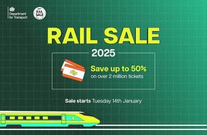 Illustration of train and train tickets. Yellow text on green background reads: 'Rail Sale 2025. Save up to 50% on over 2 million tickets.'