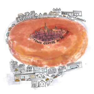 Image credit: Transport for New Homes. Infographic showing residential houses/scene surrounding a doughnut shape with 'Town Centre' text in the middle.