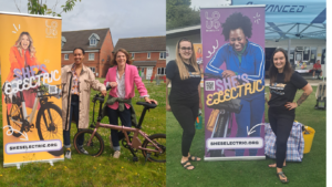 All women team Loud & Atobetter. Photo montage. Group of women stand smiling beside 'She's Electric' banner stands at outdoor events