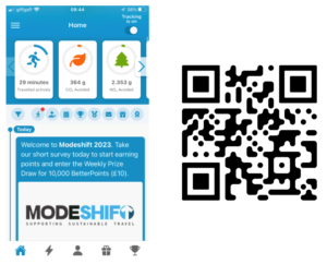 Image of BetterPoints App on a mibile phone display with a QR code on the right hand side.