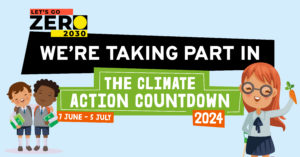 Teat reads: We're taking part in the Climate Action Countdown. Illustrations of school children wearing grey school uniform.