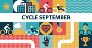 Cycle September illustrations of cyclists in different locations, day, night and city scenes.