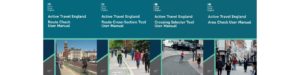 Active Travel England guide front covers in a row. Text reads: Route Check User Manual, Route Cross Section Tool User Manual, Crossing Selector Tool User Manual, Area Check User Manual