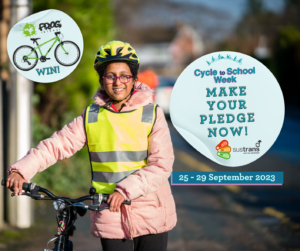 Graphic for Cycle to School Week 25 – 29 September 2023. A high-school aged girl is captured from the waist up, walking with her bicycle on the way to school. She is wearing a high-vis vest and a safety helmet. She is smiling excitedly. Text on a blue circle reads: “Make your pledge now!” above Bikeability & Sustrans logos. Another blue circle shows a prize Frog bicycle with the text “WIN!” with the Frog Bikes logo.