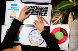 persons hands at laptop surrounded by papers with pie charts and diagrams on.