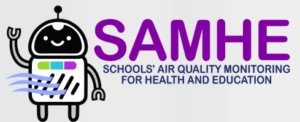 Illustration of a robot. Text reads: SAME Schools Air Quality Monitoring for Health and Education