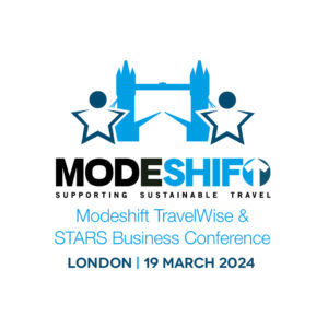 Blue London Bridge image on white background. Stars people either side. Text reads: ' Modeshift TravelWise & STARS Business Conference London 19 March 2024'
