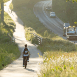 Person riding a bicycle on a sunlit path surrounded by greenery beside a busy road with cars and a tow truck.