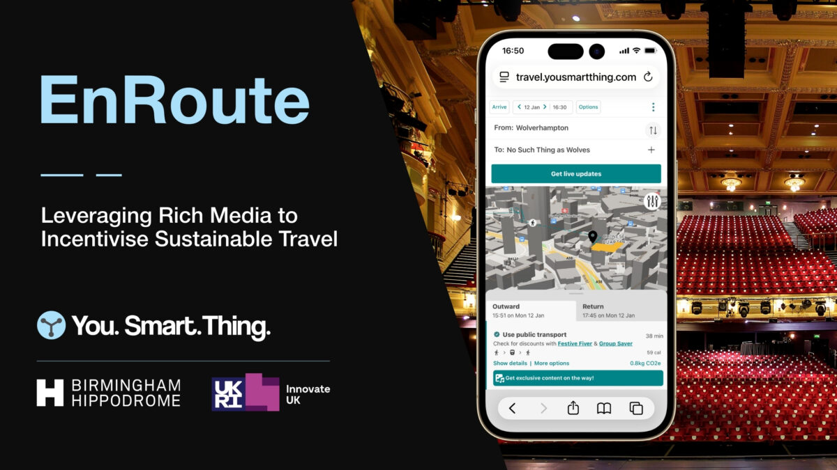 Smartphone displaying a travel app with a 3D map and sustainable transport options, alongside EnRoute branding and partner logos.