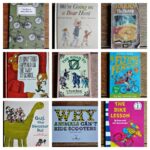 Collection of nine children's books arranged in a 3x3 grid on a wooden surface.