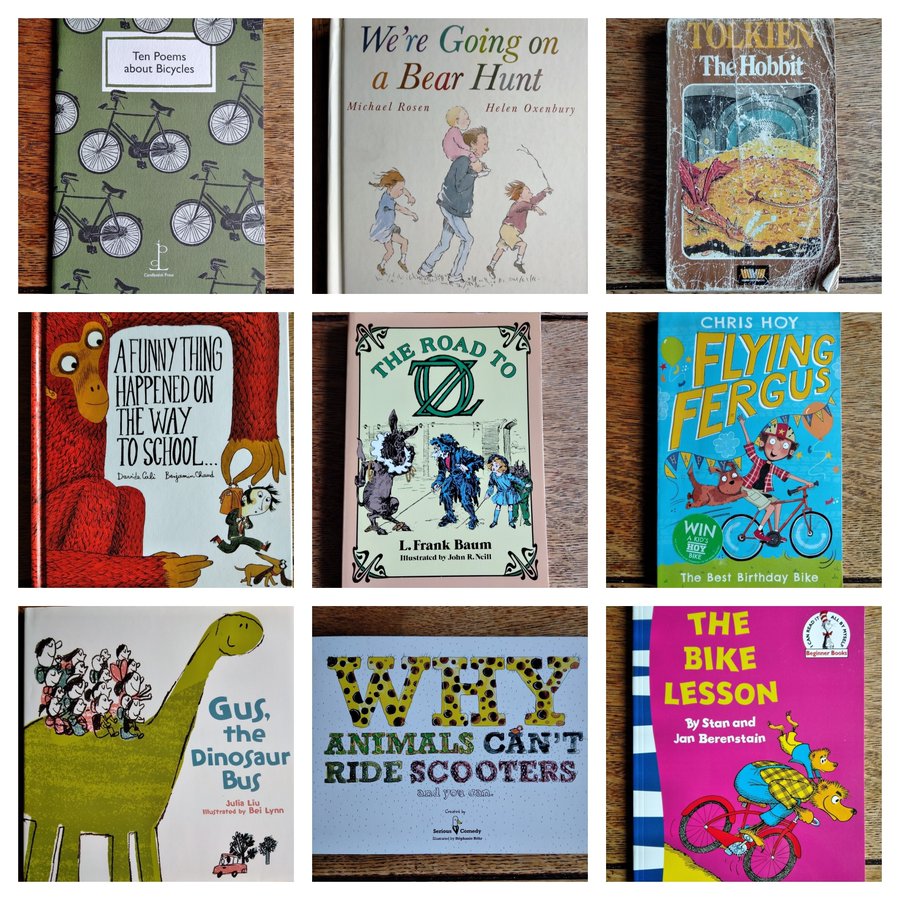 Collection of nine children's books arranged in a 3x3 grid on a wooden surface.