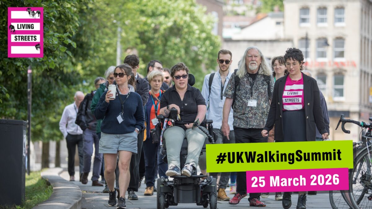 Group of diverse people walking outdoors. Text reads: #UKWalkingSummit 25 March 2026.