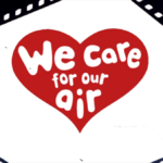 A red heart with white text inside reading "We care for our air", surrounded by a film strip border.