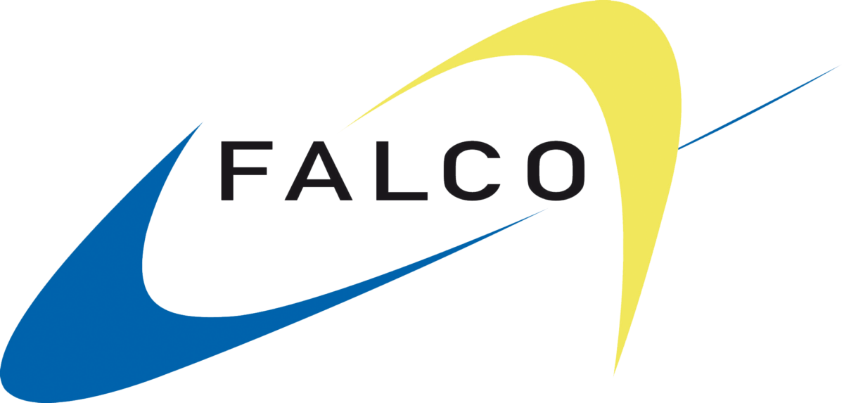 Falco logo with black text and a decorative yellow and blue pattern