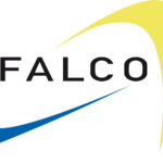 Falco logo with black text and a decorative yellow and blue pattern