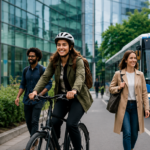 Young woman wearing a helmet rides a bike on a city street with two pedestrians walking nearby and a bus labeled City Centre behind them. Welcome to #TeamModeshift: CalCommuter