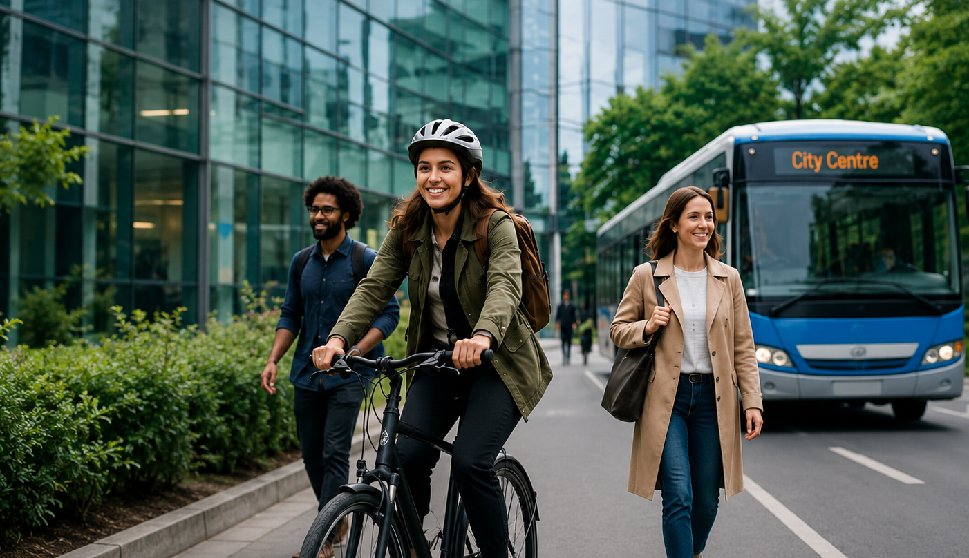 Young woman wearing a helmet rides a bike on a city street with two pedestrians walking nearby and a bus labeled City Centre behind them. Welcome to #TeamModeshift: CalCommuter