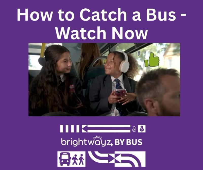 Two young students in school uniforms smile at each other while riding on a bus, with a thumbs-up icon and the text "How to Catch a Bus - Watch Now" overlayed on the image.