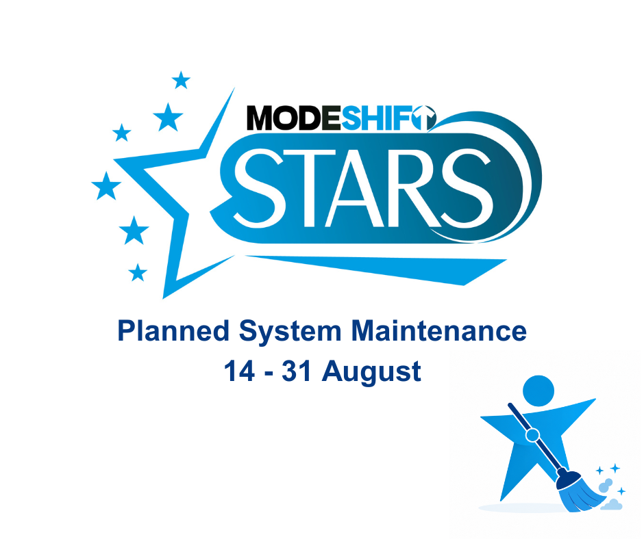 Logo for MODESHIFT STARS with text "Planned System Maintenance 14 - 31 August" and an icon of a star figure cleaning.