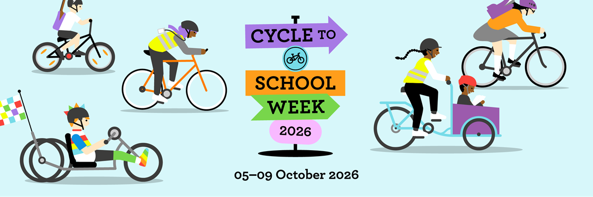 Illustration of people cycling, with a central signpost announcing "CYCLE TO SCHOOL WEEK 2026" and the dates "05-09 October 2026".