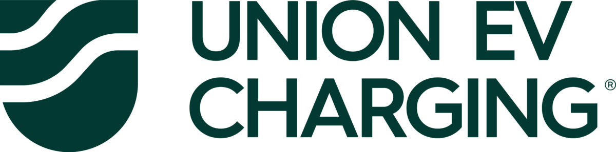 green Union EV Charging text on white background with small shape to the left of the text