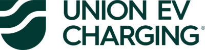 green Union EV Charging text on white background with small shape to the left of the text