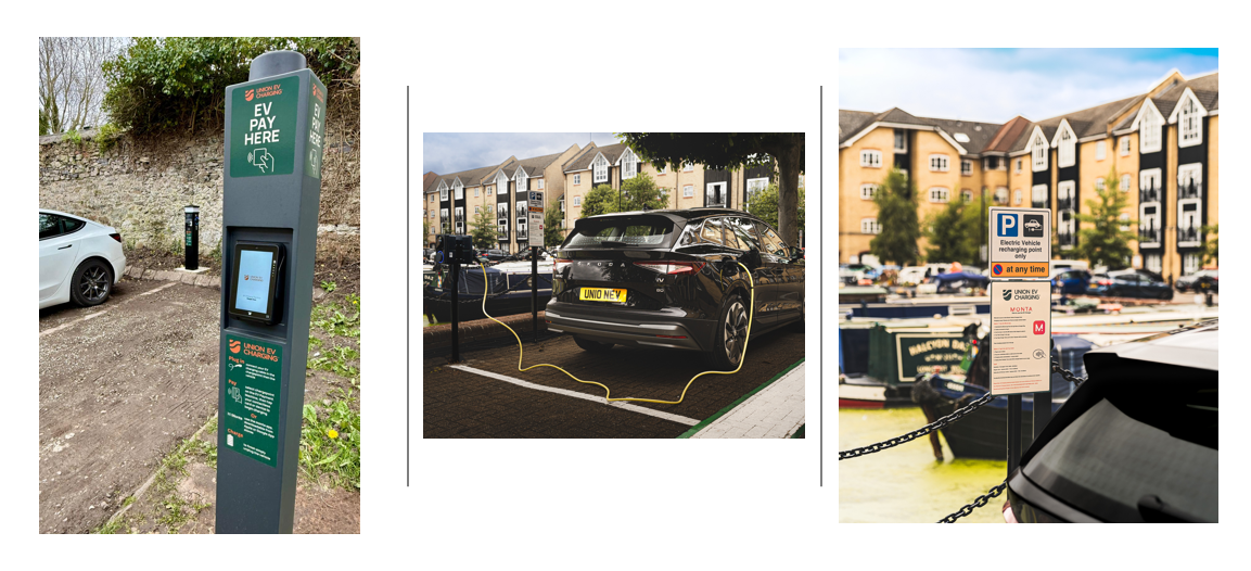 images of EV charger and vehicles