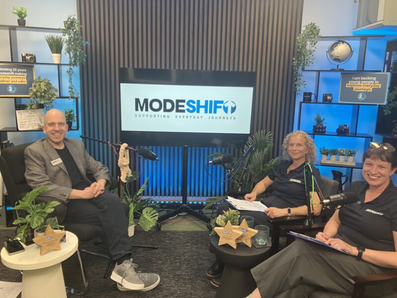 Three people in a studio setting with microphones and a screen displaying the MODESHIFT logo.