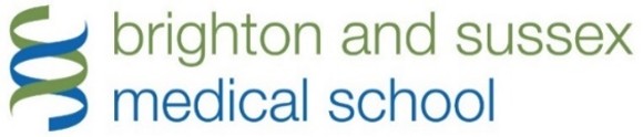 Logo for Brighton and Sussex Medical School featuring a stylized blue and green double helix next to text that reads "brighton and sussex" in green and "medical school" in blue.