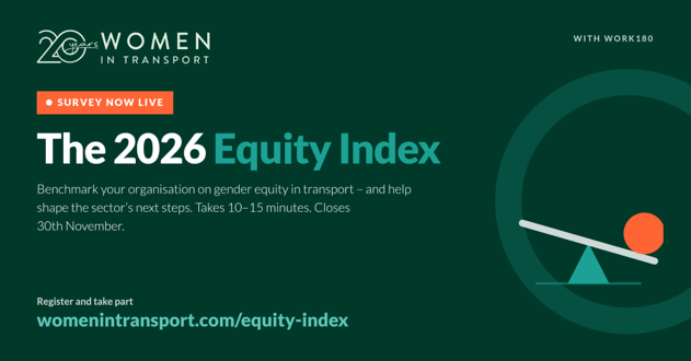 Promotional graphic for the 2026 Equity Index survey by Women in Transport, with the tagline "Survey Now Live" and a graphic of a seesaw illustrating imbalance.