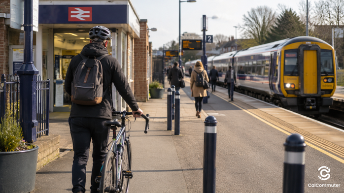 A person wearing a cycling helmet and backpack walks with a bicycle along a train platform next to a stationary train.