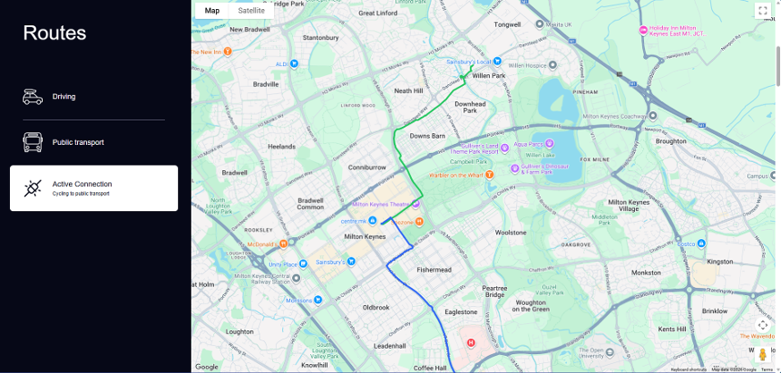 Map interface displaying routing options with "Routes" title, "Driving", and "Public transport" options. An "Active Connection" for cycling to public transport is highlighted, showing a green and blue route overlaid on a map of Milton Keynes.