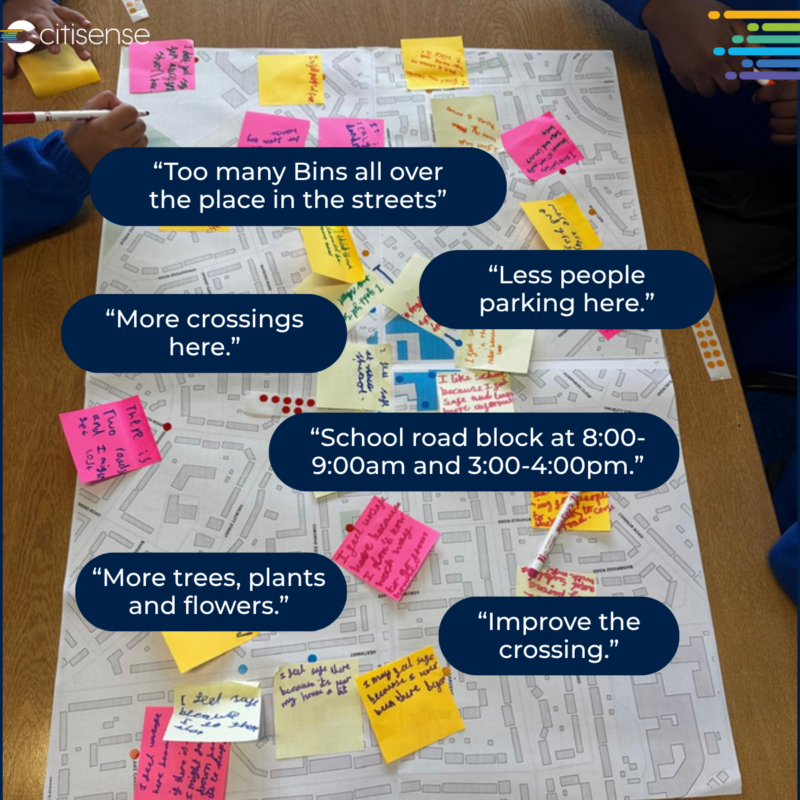 A map with various sticky notes indicating feedback and suggestions, such as "Too many Bins all over the place in the streets", "More crossings here.", "More trees, plants and flowers.", "Less people parking here.", "School road block at 8:00-9:00am and 3:00-4:00pm.", and "Improve the crossing.".